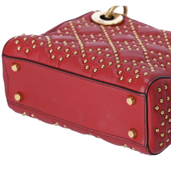 Christian Dior Lady Dior Mini Bag Handbag Red Gold Leather Studded - Picture 7 of 10